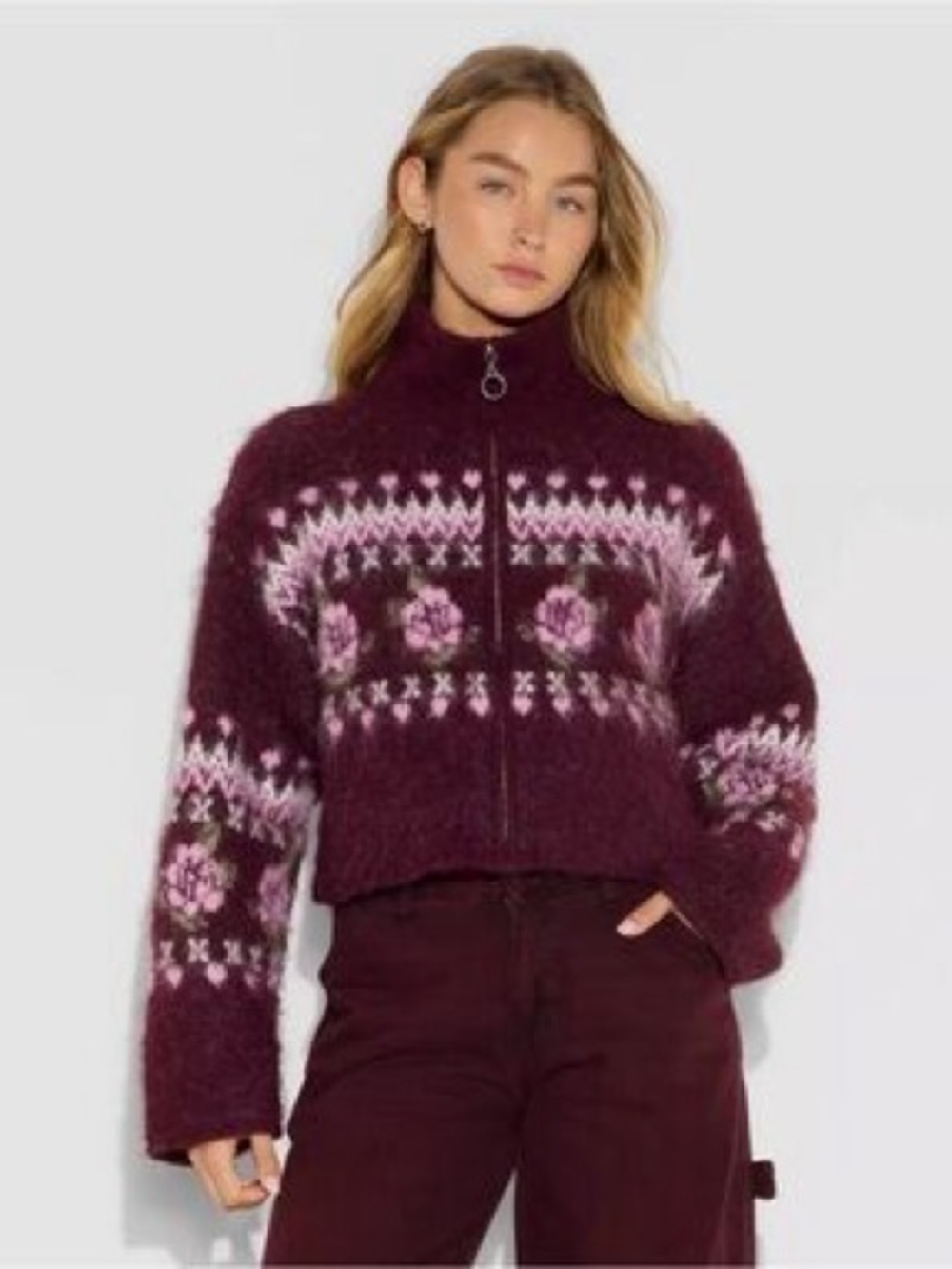 wild fable Burgundy Teddy Fair Isle Zip Jacket with Pink Floral Motif size Large